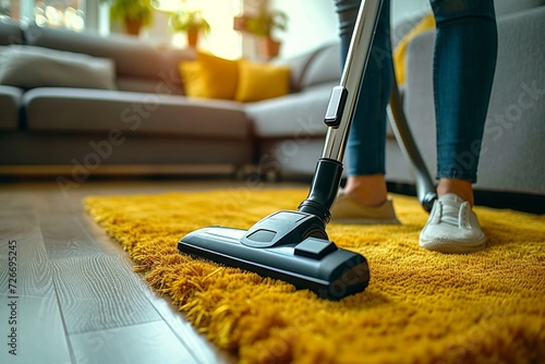 A diligent person cleanses their indoor space, ensuring cleanliness and freshness with the aid of a trusty vacuum cleaner photo