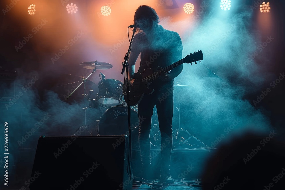 A musician strums his guitar on stage, captivating the audience with his powerful performance at a vibrant rock concert