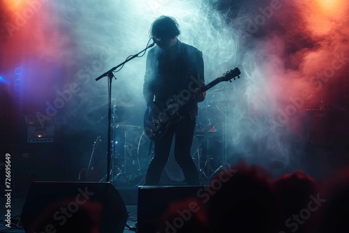 A dynamic rock concert comes to life as a talented musician captivates the audience with his soulful guitar performance on a brightly lit stage, surrounded by vibrant stage equipment and a powerful m