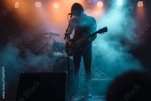 A musician strums his guitar on stage  captivating the audience with his powerful performance at a vibrant rock concert