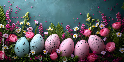 Wallpaper Mural Easter flat lay banner with colorful eggs and spring flowers on blue background. Easter holiday concept with traditional springtime decoration and copy space. Torontodigital.ca