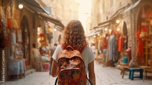Slika na platnu Young traveler with backpack wanders through bustling market street, absorbed in local culture