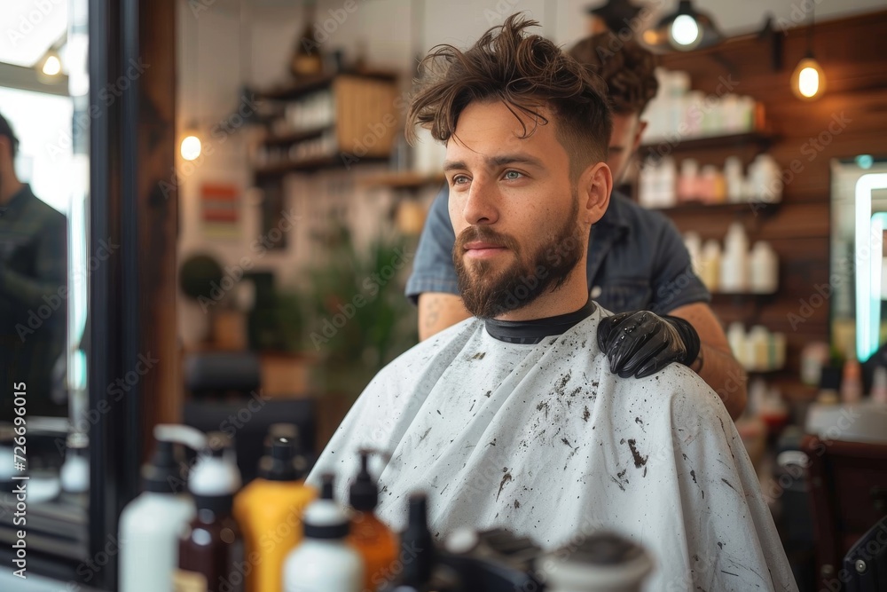 A man sits in a barber's chair, his face stoic as the stylist's hands expertly trim his hair while shelves of bottles line the wall behind them - obrazy, fototapety, plakaty 