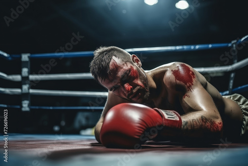 Bruised boxer feeling defeat, sitting on the mat under spotlight