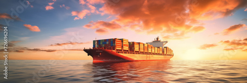 Cargo maritime ship with container in water ocean, sunset. Concept banner logistic shipping export, import