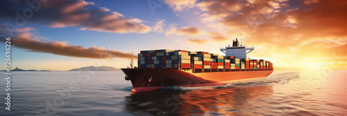 Concept logistic banner, shipping export, import. Cargo maritime ship with container in water ocean, sunset