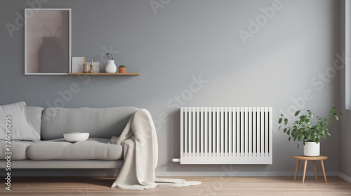 Minimalistic wall-mounted radiator for warmth integrated into interior Cozy skandy living room with sleek black sofa and clean white walls adorned with plants. photo