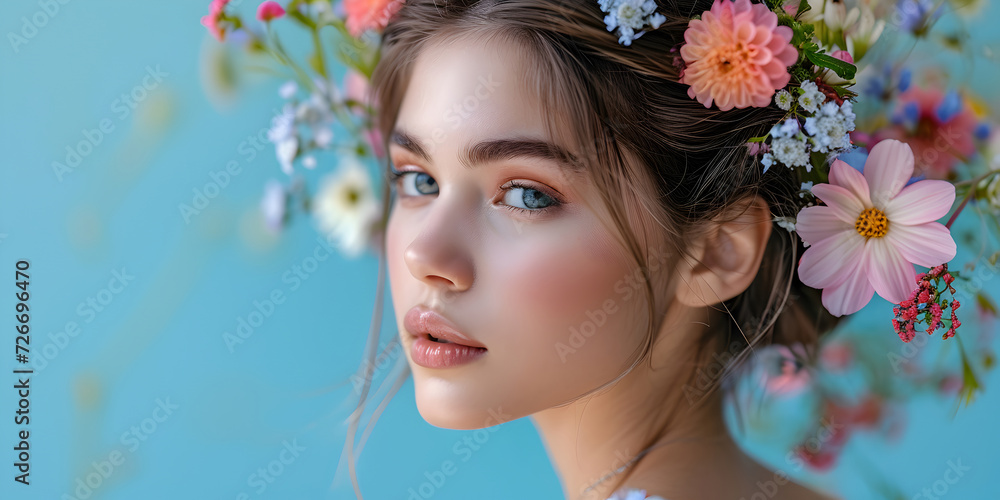 Female portrait in profile with spring and summer flowers in her head hair, on pastel blue background. Creative International Women's history month day banner with copy space. Female portrait in profile with spring and summer flowers in her head hair, on pastel blue background. Creative International Women's history month day banner with copy space.
