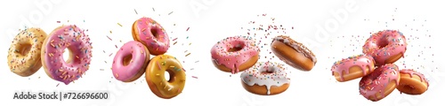 Collection of round donut doughnut, pink set, flying falling with sprinkles on transparent background cutout, PNG file. Many assorted different. Mockup template for artwork photo