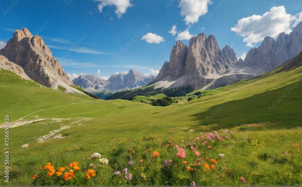 Dolomites, Italy. Alpine landscape with flowers, green meadow and mountains. Falzarego Pass in summer, Perfect composition, beautiful detailed , 8k photography, photorealistic , soft natural perfect l