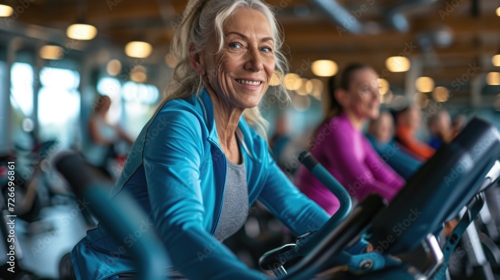 an older woman working out in a gym with other women, in the style of light azure and silver an older woman working out in a gym with other women, in the style of light azure and silver