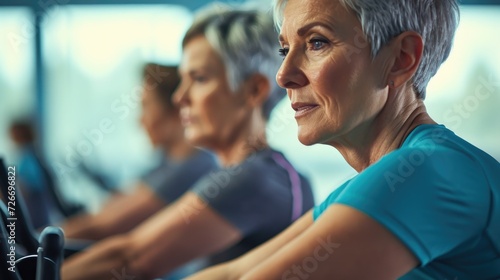 senior woman exercising on stationary bikes in gym, in the style of light indigo and silver, focus stacking