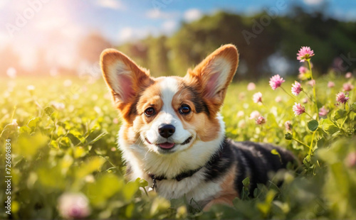 Beautiful puppy corgi dog enjoying the sun in a clover field. Perfect composition, beautiful detailed , 8k photography, photorealistic , soft natural perfect light