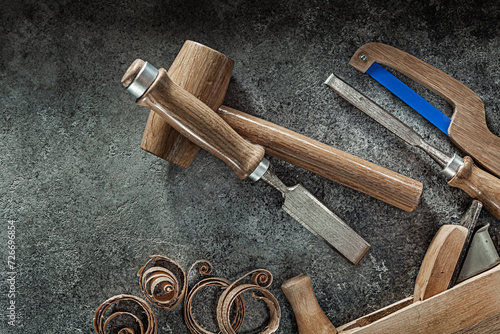 Set Of Classic Woodworkers Tools On gray Background
