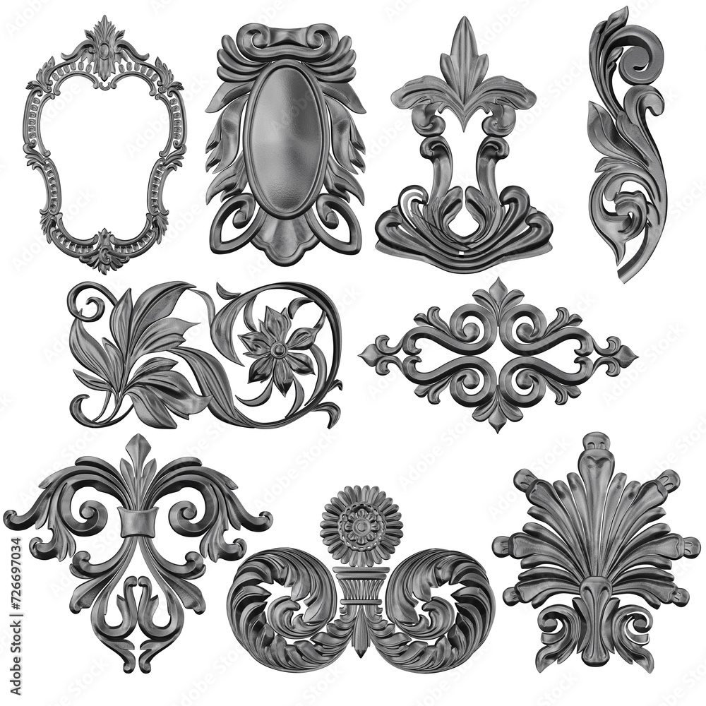 3D illustration of silver engraved ornaments