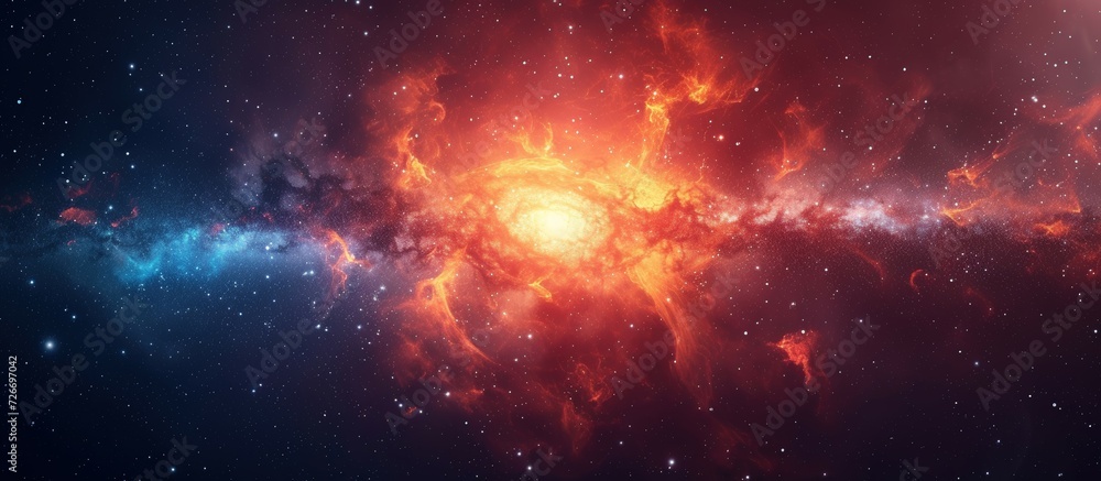 Vibrant Banner Depicting a Blast-Shaped Star Cluster in Vivid Orange and Yellow, Set Against a Calming Backdrop of Blue and Pink Cosmic Light