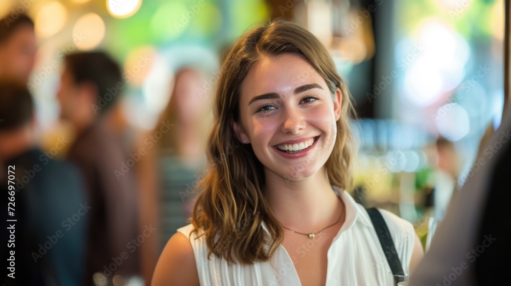 smiling happy young professional woman at an event, in the style of nautical charm smiling happy young professional woman at an event, in the style of nautical charm