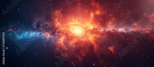 Vibrant Banner Depicting a Blast-Shaped Star Cluster in Vivid Orange and Yellow, Set Against a Calming Backdrop of Blue and Pink Cosmic Light