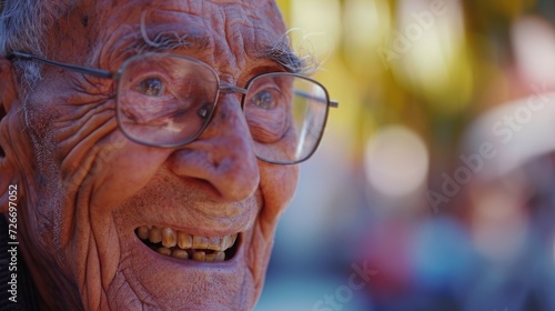 an elderly man with glasses is smiling and talking, in the style of bokeh panorama © Ivy