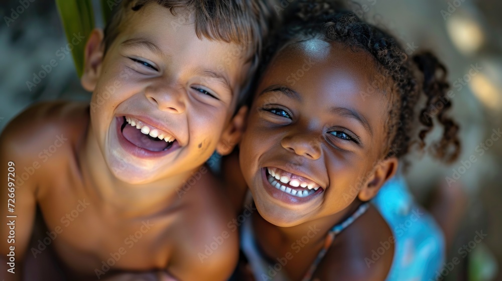 laughing young children, in the style of culturally diverse elements laughing young children, in the style of culturally diverse elements