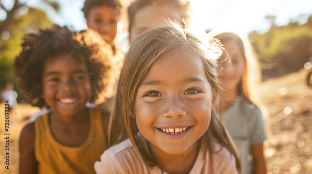 group of multiracial children outside having fun on a sunny day group of multiracial children outside having fun on a sunny day