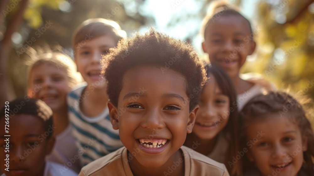 group of multiracial children outside having fun on a sunny day group of multiracial children outside having fun on a sunny day