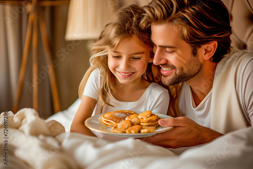 Little girl bringing her father pancakes to bed on Father s Day