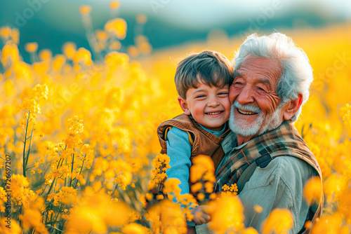 Grandfather hugging his grandson in a field full of yellow flowers photo