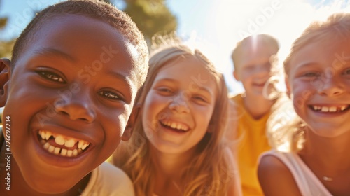 group of multiracial children outside having fun on a sunny day