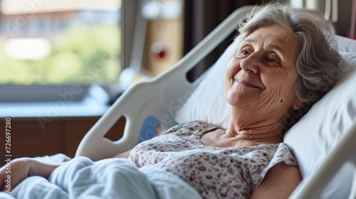 smiling female patient in hospital bed, in the style of light gold and pink photo