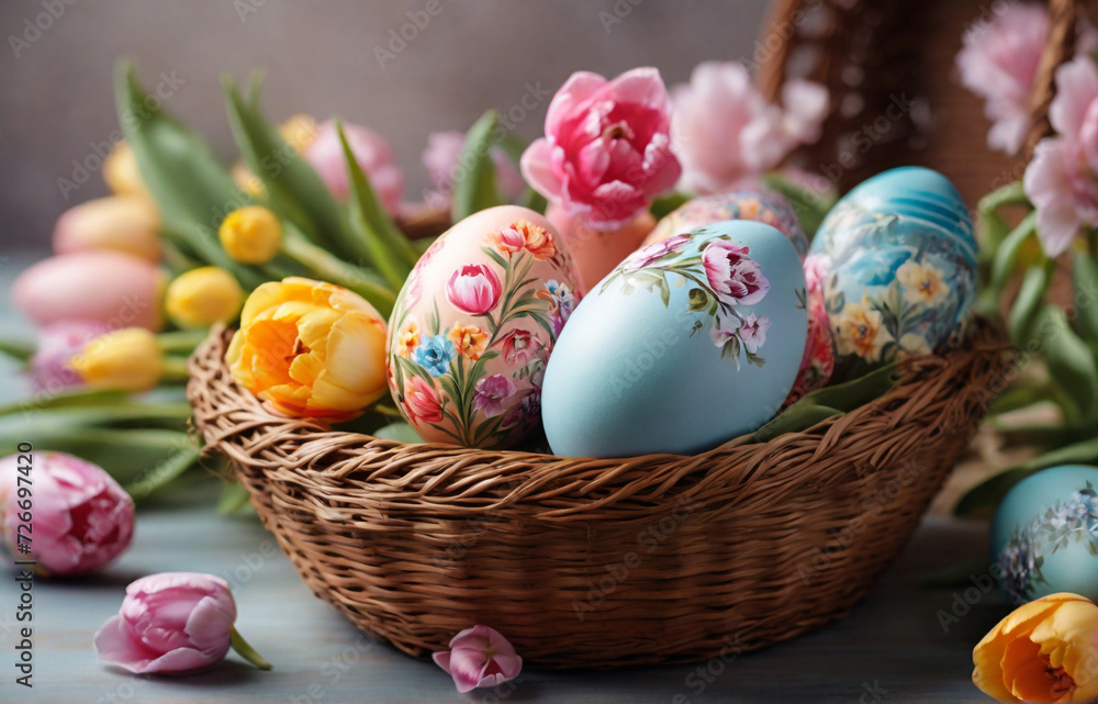Easter Hand-painted Easter eggs in a basket and spring tulips, light fancy colors. Perfect composition, beautiful detailed , 8k photography, photorealistic , soft natural perfect light Easter Hand-painted Easter eggs in a basket and spring tulips, light fancy colors. Perfect composition, beautiful detailed , 8k photography, photorealistic , soft natural perfect light