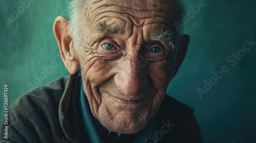 elderly man smiling against green background, in the style of mix of masculine and feminine elements