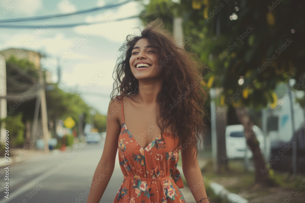 A woman in a floral dress smiles while walking down the street A woman in a floral dress smiles while walking down the street