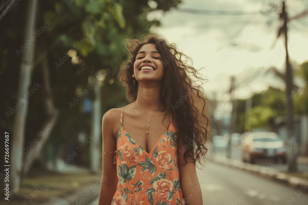 A woman in a floral dress is smiling with her hair blowing in the wind A woman in a floral dress is smiling with her hair blowing in the wind