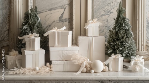 a meticulously curated arrangement featuring immaculate white gift boxes  each exquisitely embellished to evoke sophistication and charm  creating a vision of luxury and opulence.