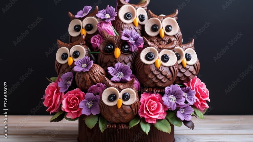 Chocolate bouquet of flowers, owls Chocolate bouquet of flowers, owls