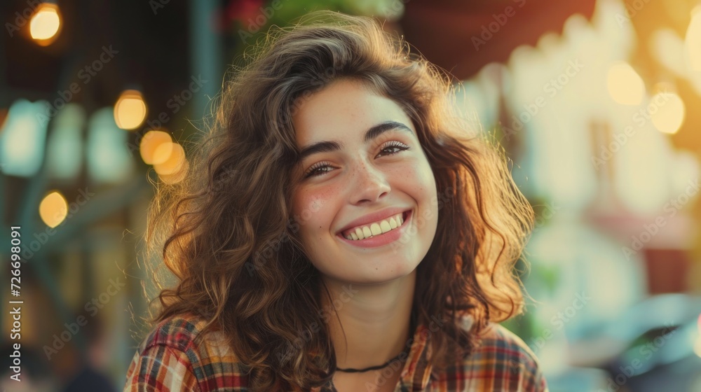 an attractive young woman is smiling outside, optical, joyful and optimistic an attractive young woman is smiling outside, optical, joyful and optimistic