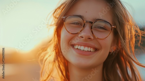 a beautiful girl with glasses smiles smiling outdoors