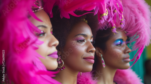 Three Women profile portrait in samba or lambada costume with pink feathers plumage during the event, copy space. © JW Studio
