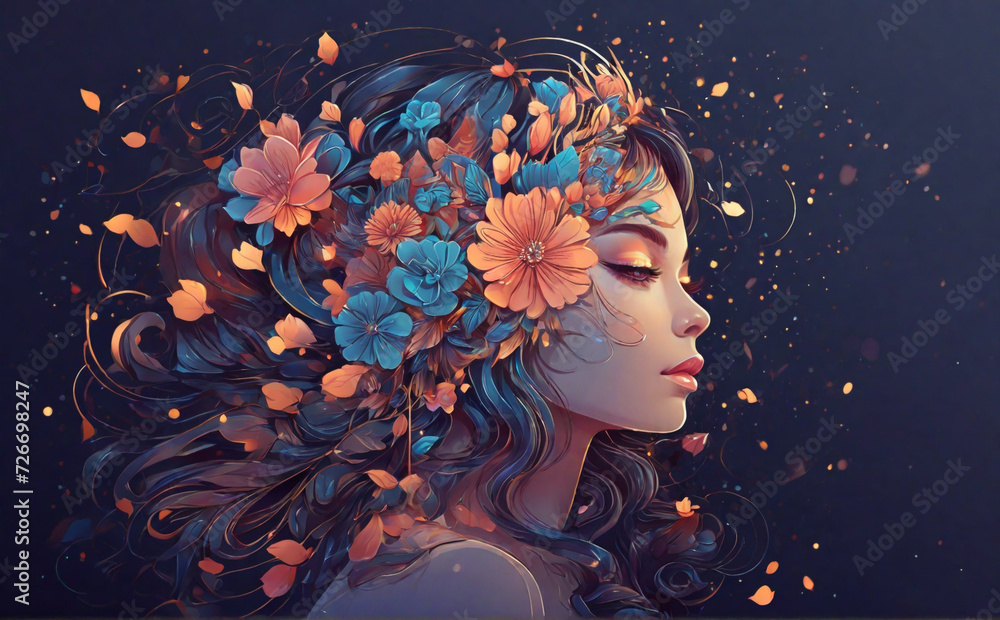 Vector illustration of a beautiful girl in a headdress with flowers.. Glowing lines with glitter particles