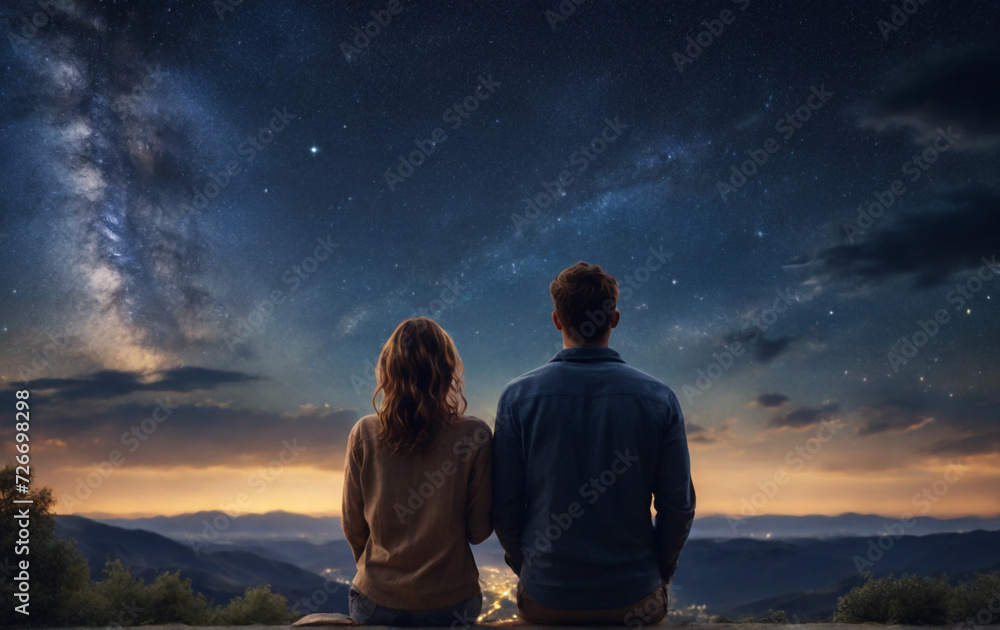 Happy couple looking at starry night sky, rear view, far away. Perfect composition, beautiful detailed , 8k photography, photorealistic , soft natural perfect light