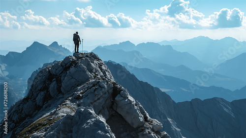 Hiker on top of a mountain. 3D Rendering.