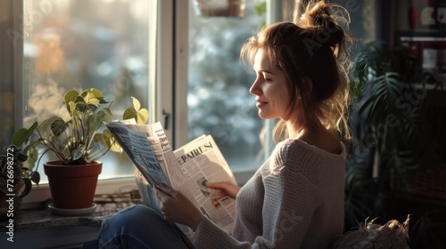 happy woman looking at a window reading the newspapers, in the style of weathercore, serene faces photo
