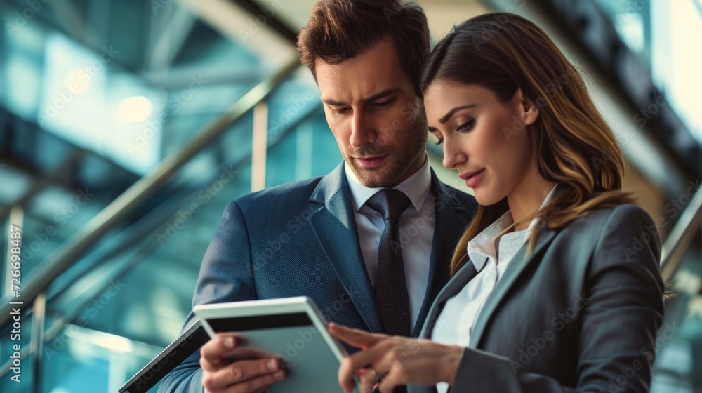man and woman in a business suit looking at the tablet computer man and woman in a business suit looking at the tablet computer
