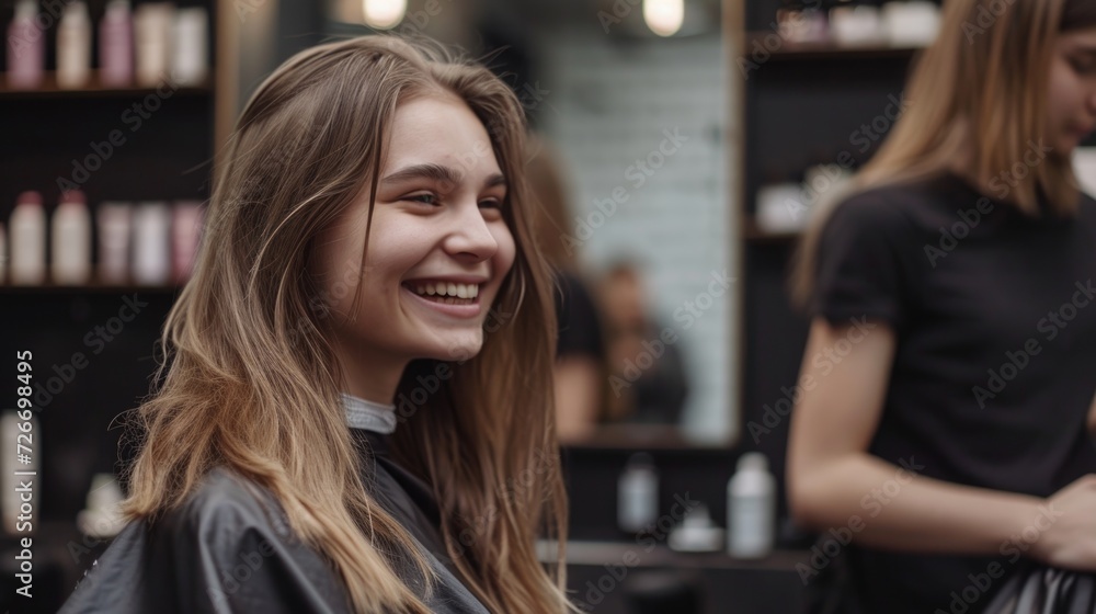 a woman in a hair salon is happy a woman in a hair salon is happy