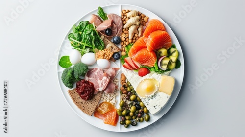 a plate divided into sections, a balanced diet that emphasizes the importance of the right types of fats, countering the notion that saturated fats are the primary culprits of cardiovascular disease. photo