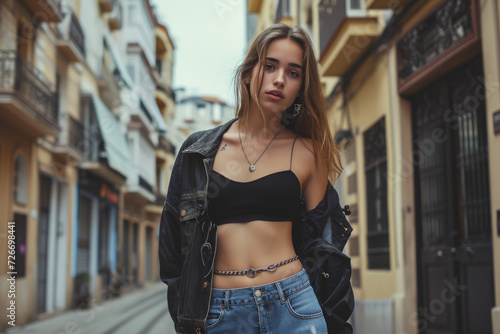 A woman wearing a black crop top and a black jacket