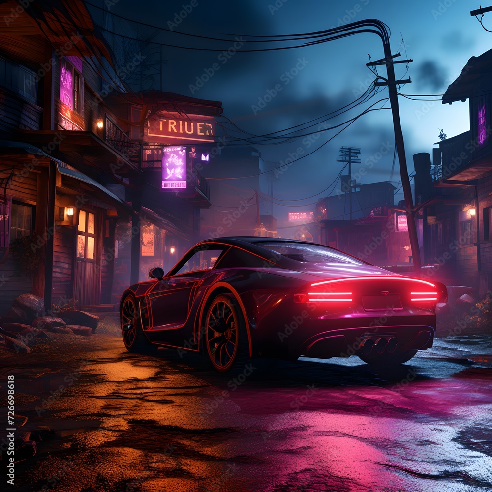 3D rendering of a sports car in the city at night.