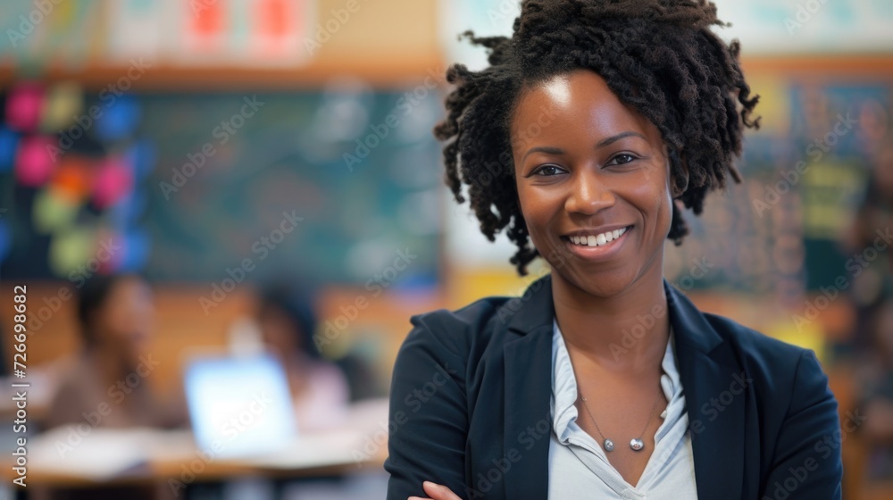 smiling African American educator in large classroom smiling African American educator in large classroom