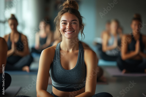 A woman is smiling while sitting on a yoga mat